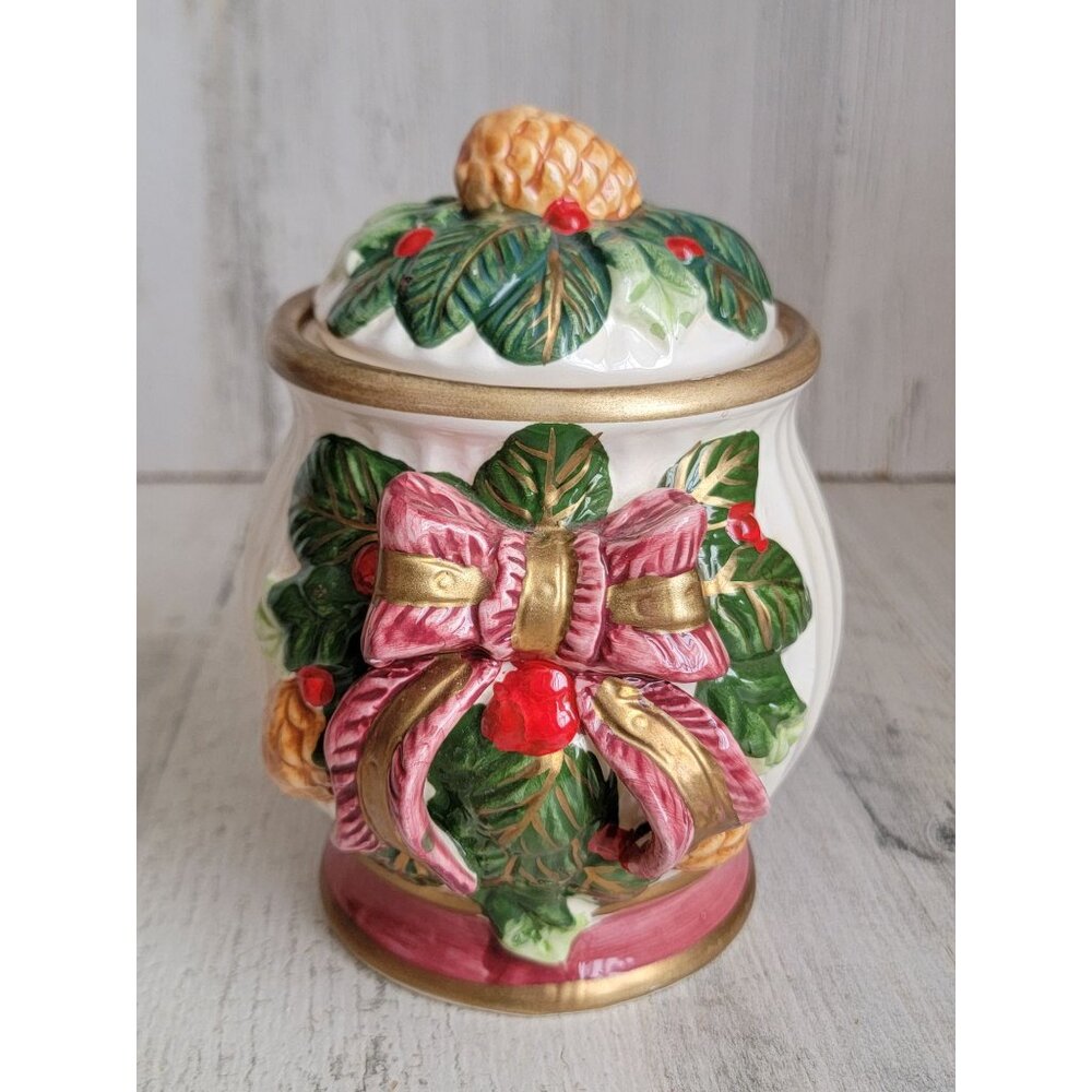 Bow pinecone mini‎ cookie vase jar vintage home decor mistletoe xmas